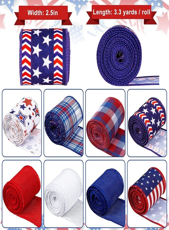 Whaline 8 Roll Independence Day Wired Edge Ribbon Patriotic Star Stripe USA Flag Burlap Ribbon 26 Yard Red Blue White Fabric Ribbon for 4th of July DIY Gift Wrapping Wreath Crafts Decor, 2.5 Inch - Image 2